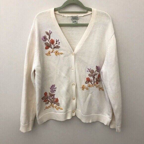 VTG Floral Embroidered Crewel Knit Cardigan Womens Size Large READ - Picture 1 of 7